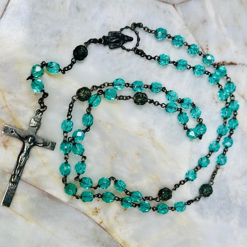 Vintage Italian Rosary Teal Faceted Glass Beads Miraculous Medal Catholic Italy